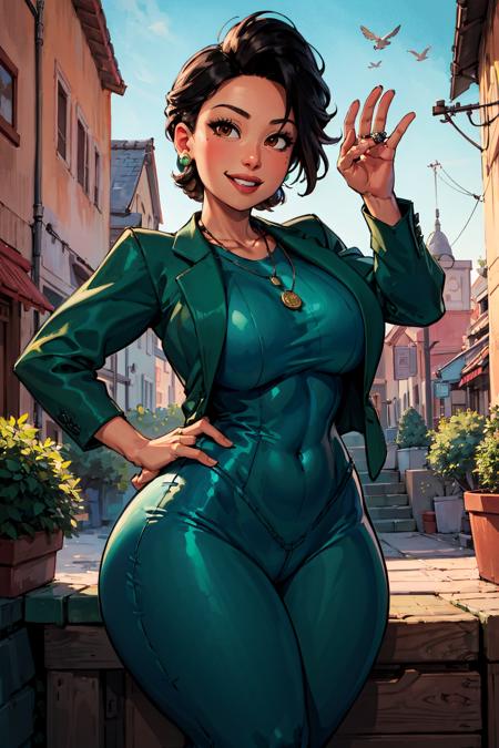 00544-669-minglee, 1girl, green jacket, pants, necklace, smiling, (curvy), town, dynamic pose, _lora_Sett_Ming_Lee_0.7_, milf, masterpiece.png
